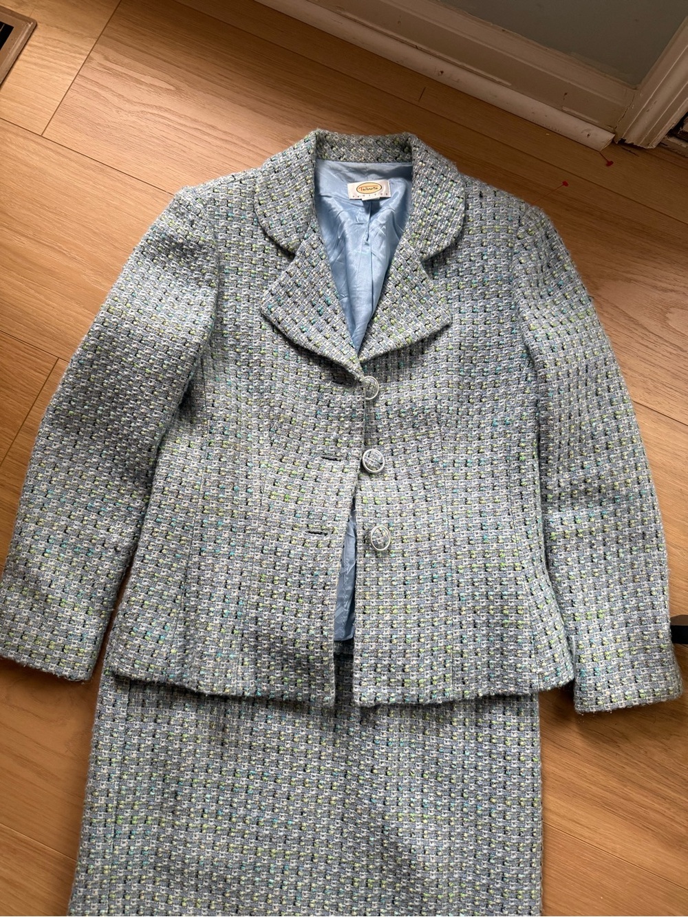 Talbots Light Blue Tweed Blazer with Green and Cream Threads